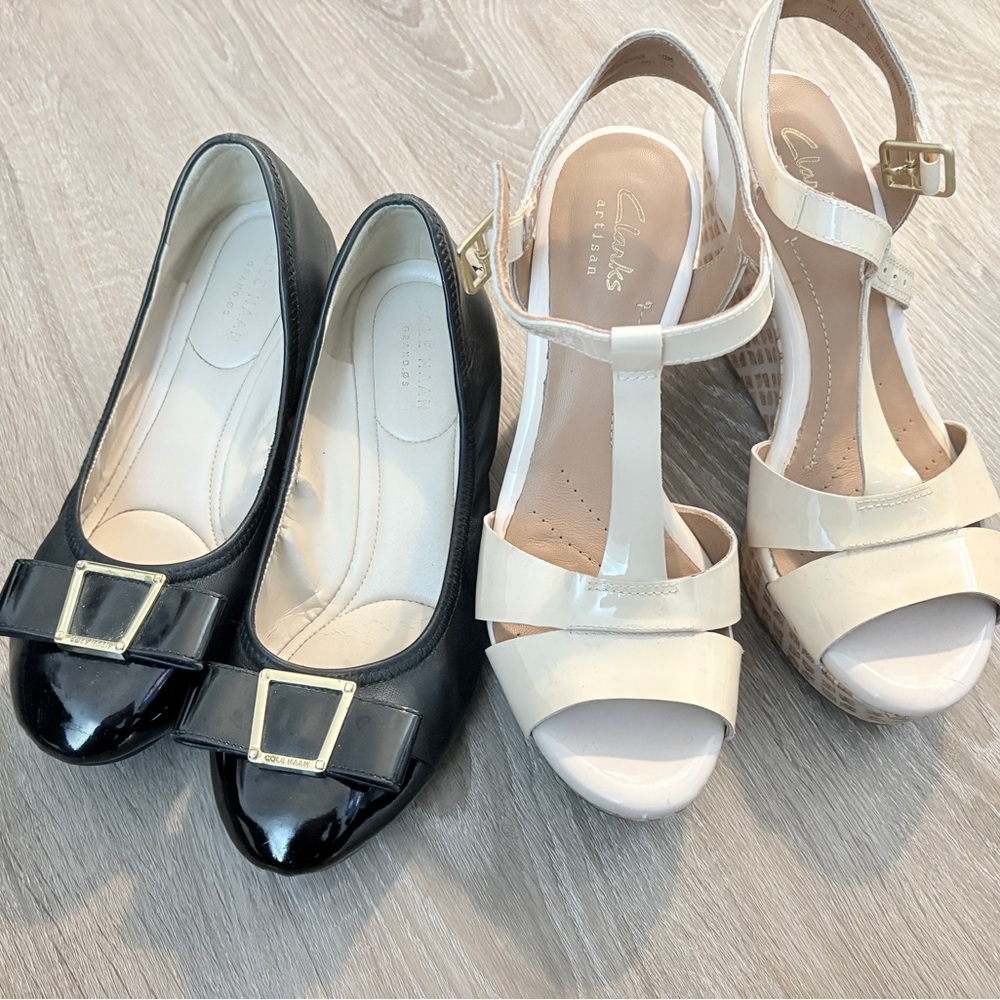 Cole Haan Black flat and Clark Cream Wedge Sandal